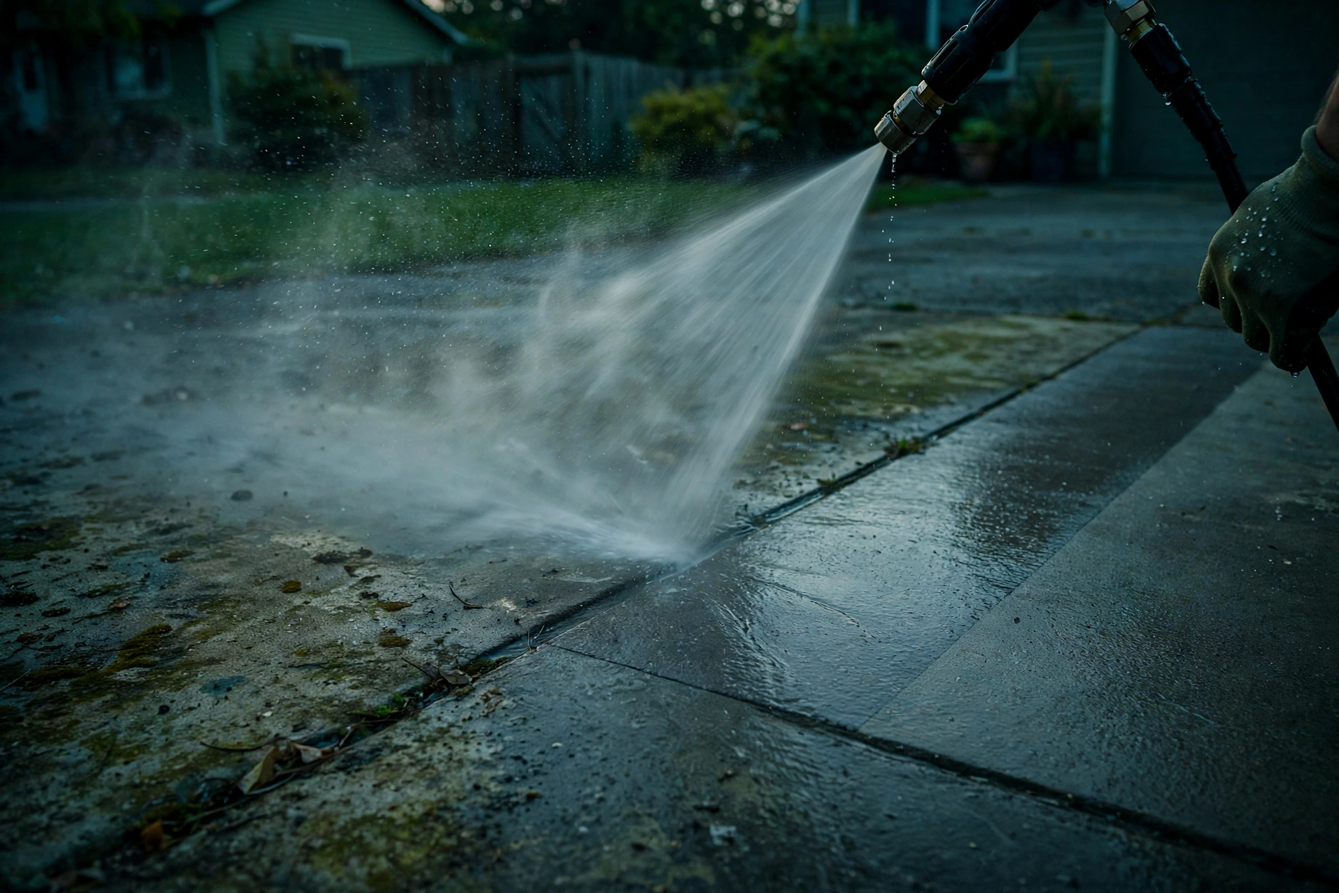 Pressure washer mist sheeting off a clean driveway