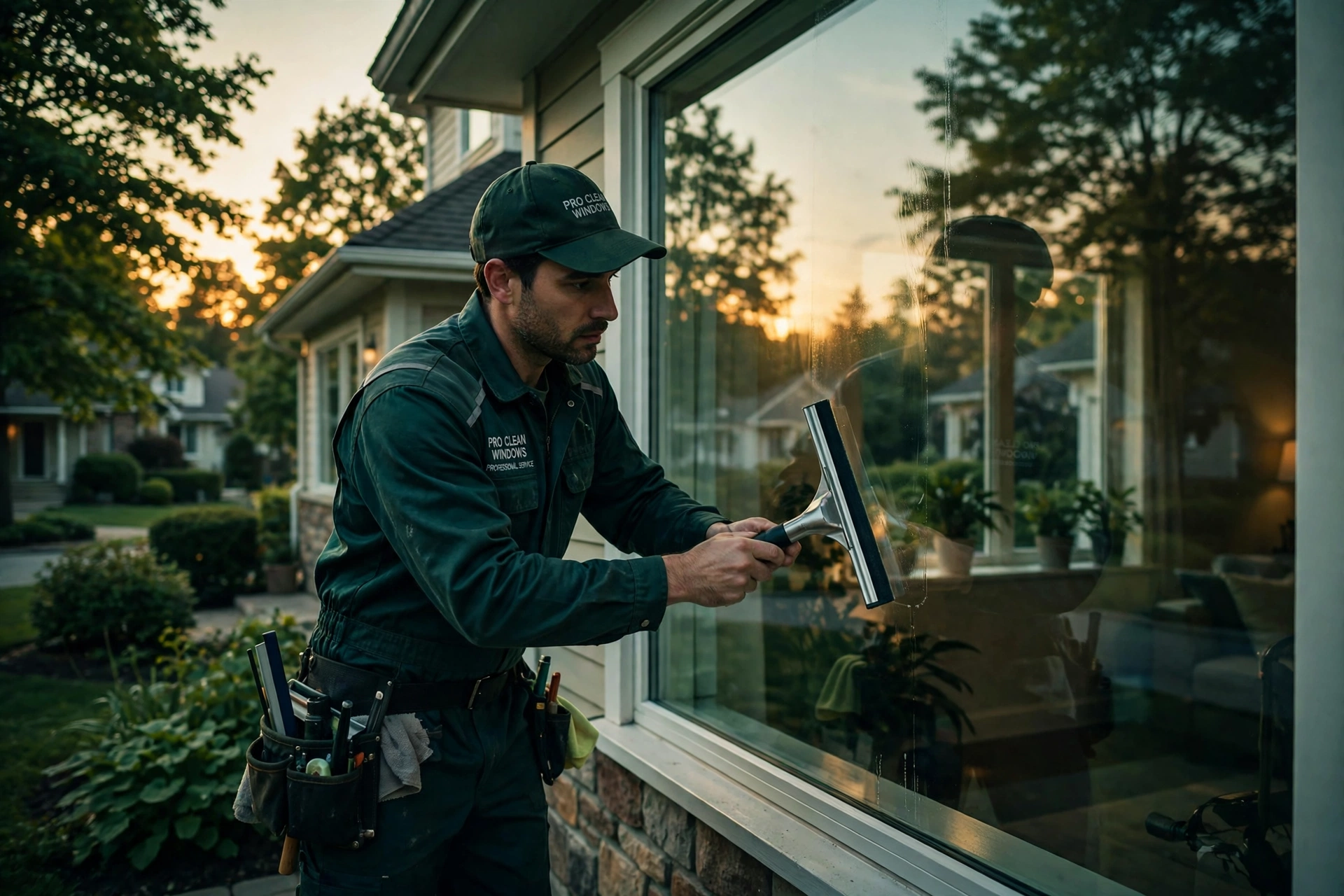 Technician cleaning a residential window